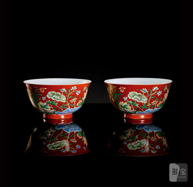 清康熙 御制磁胎画珐琅红地洋彩九秋同庆图碗一对 - 图6